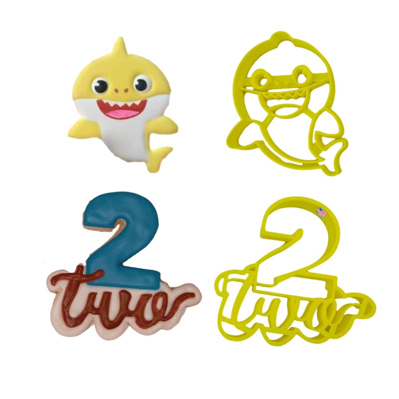 Heart's Treasure INSPIRED BY BABY SHARK COOKIE CUTTERS. Two-Year-Old Birthday Number and Word With Baby Yellow Shark Cartoon Character Cookie Cutters (2 Pack) - Image 1